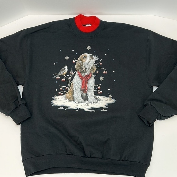 Jerzees Puppy Bird Snowflakes Winter Scene Sweatshirt Mock Neck Large Black Cozy - Picture 15 of 15
